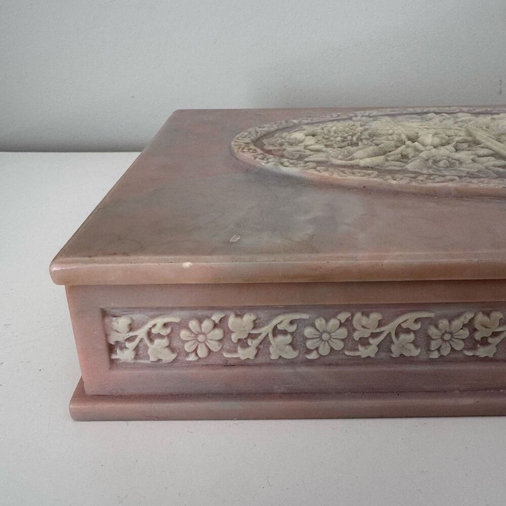 Vtg Hand Carved Stone Decorative Jewelry Box Ornate Peacock Floral Motif Large - Picture 10 of 12